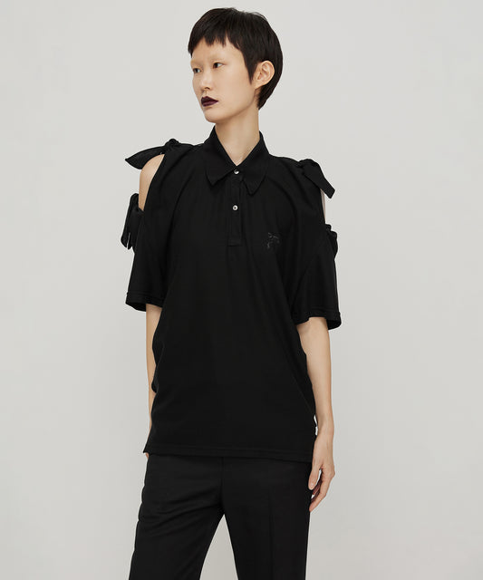 Cutout-shoulder Bow Cotton-jersey Shirt