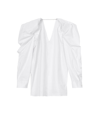 V-neck Puff-sleeve Stretch-cotton Poplin Shirt