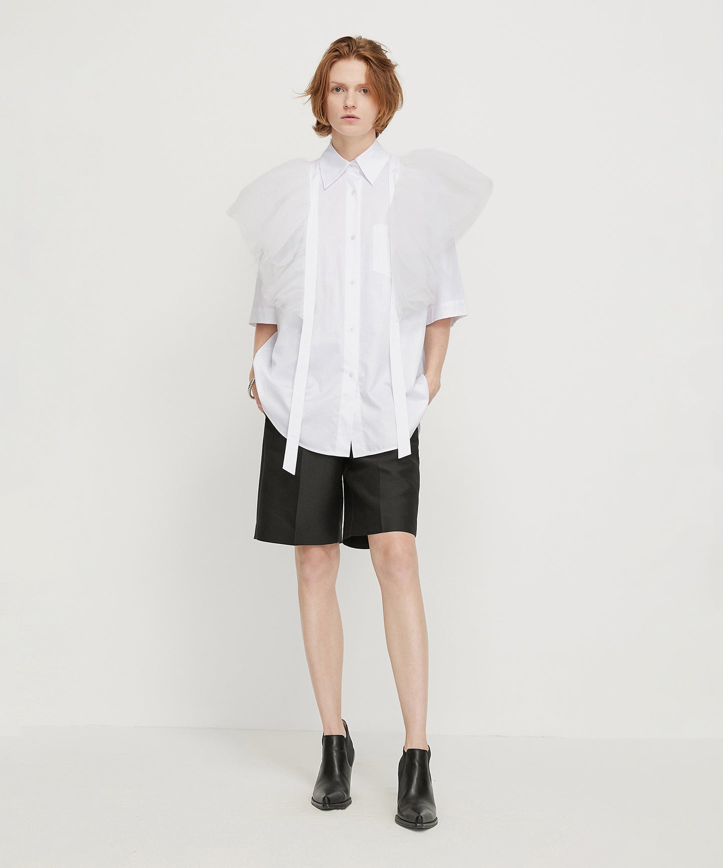 Mesh Bow Cotton Shirt