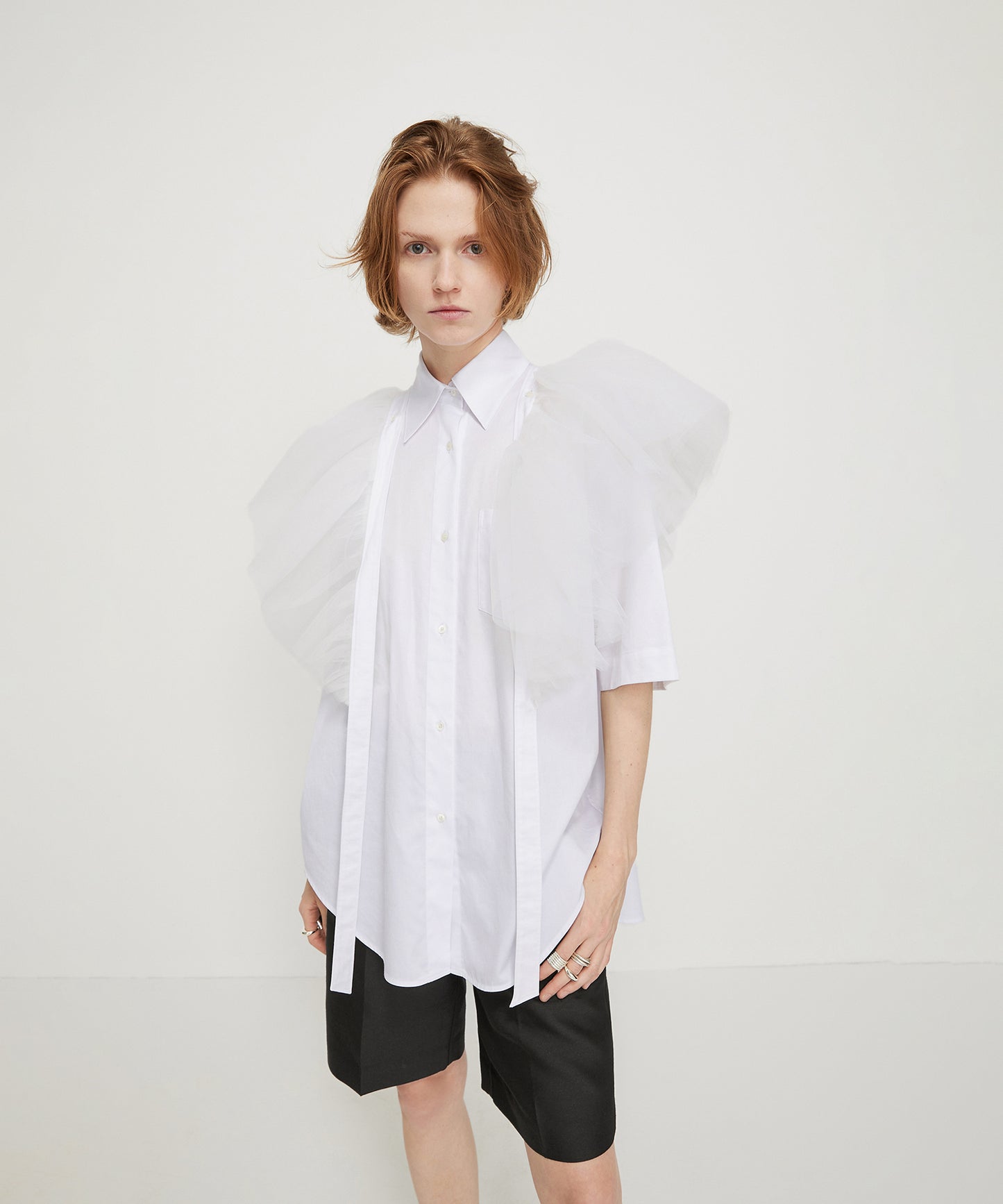 Mesh Bow Cotton Shirt