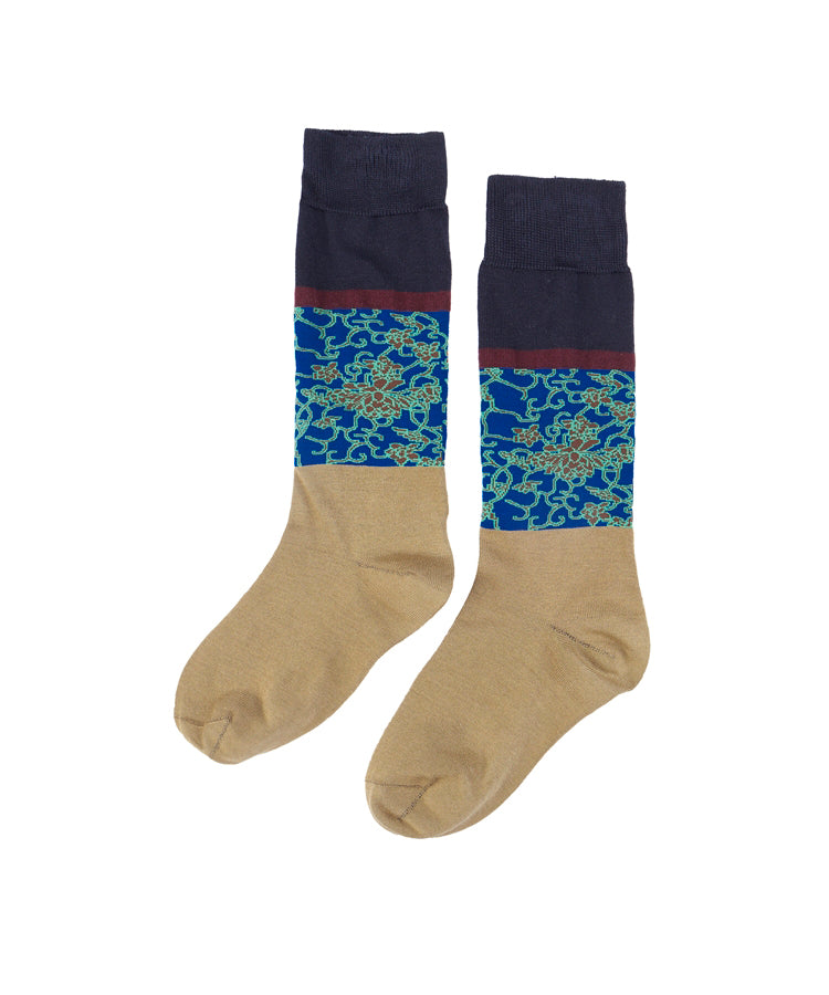 Color-block Oriental-pattern Cotton-blend Socks