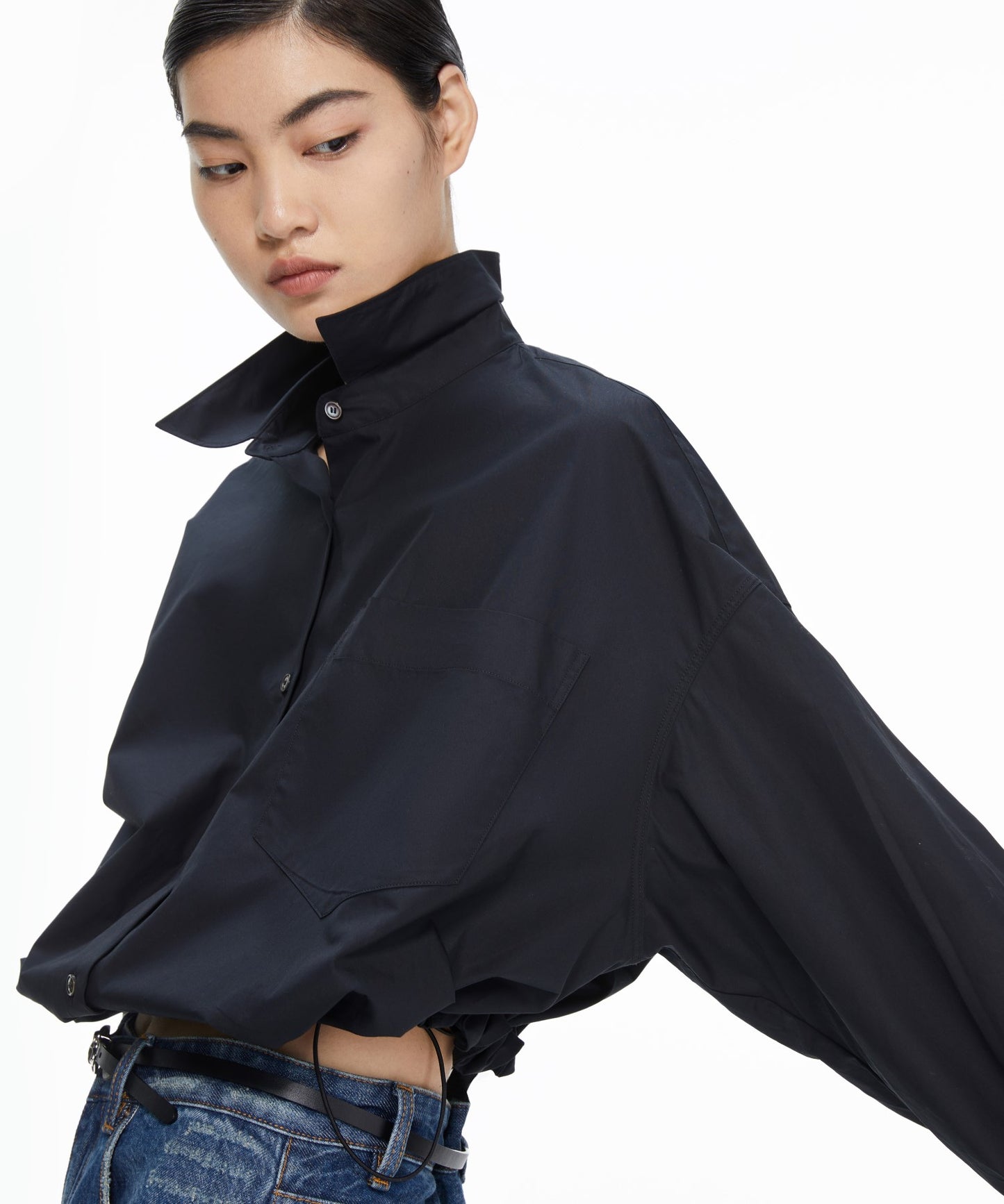 Oversized Drawstring Cotton Cropped Shirt