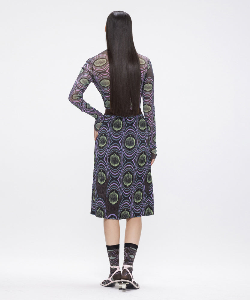 Eye-catching Onion-print Pleated Polyester Midi Skirt