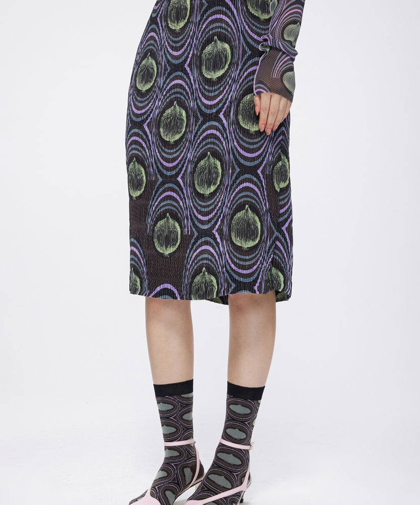 Eye-catching Onion-print Pleated Polyester Midi Skirt