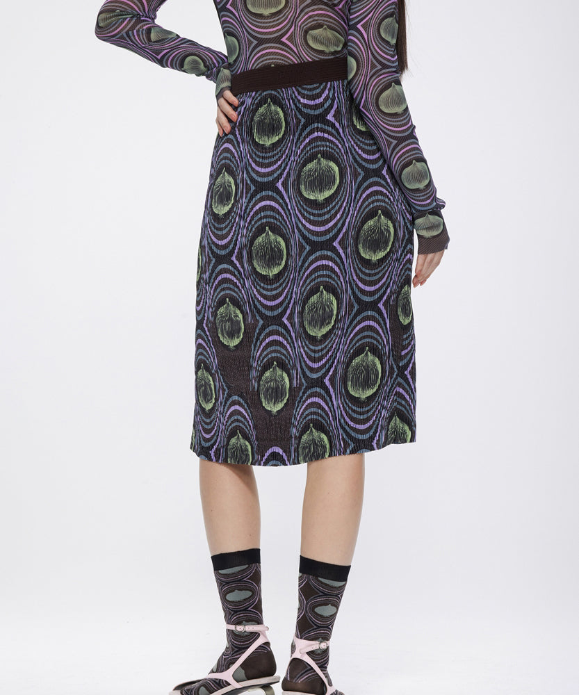 Eye-catching Onion-print Pleated Polyester Midi Skirt