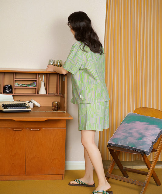 HOME Genderless Loose-fit Geometric-print Linen-blend Pajama Shorts