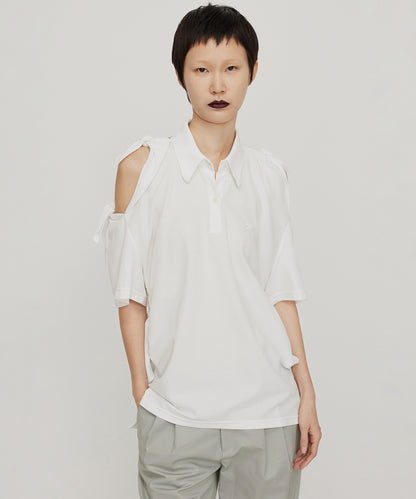 Cutout-shoulder Bow Cotton-jersey Shirt