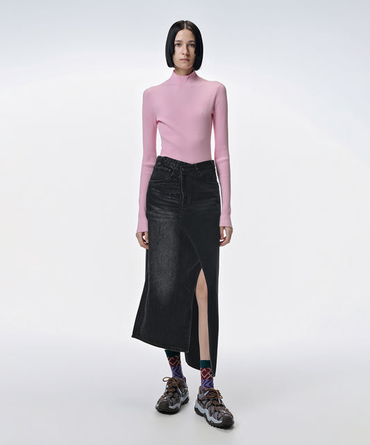 Asymmetric Spliced Two-tone Denim Skirt