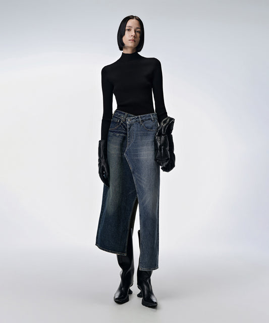Asymmetric Spliced Two-tone Denim Skirt