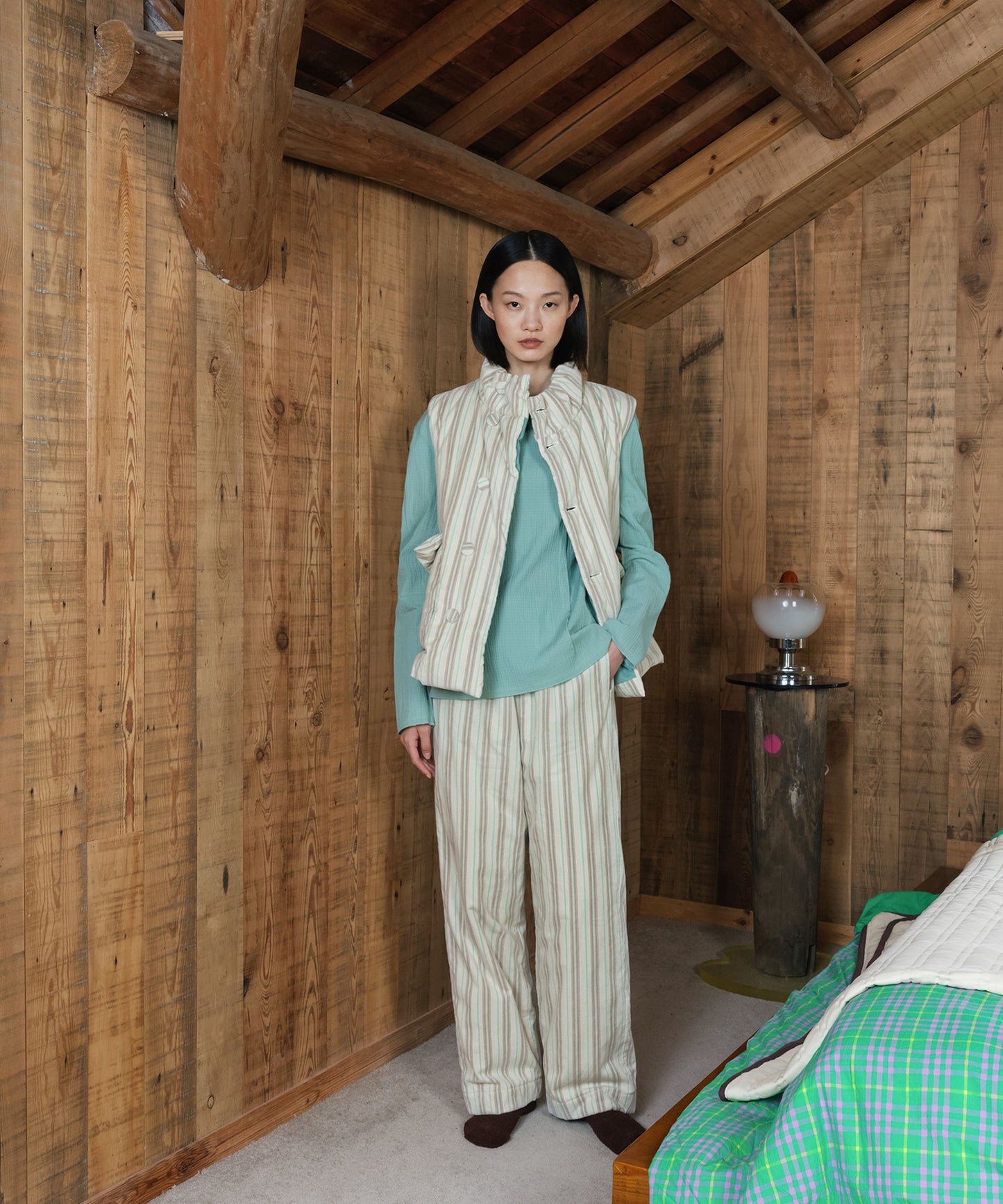 HOME Striped Corduroy Quited Pants