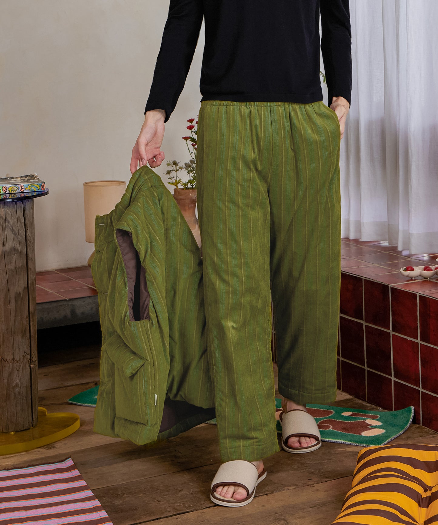 HOME Striped Corduroy Quited Pants