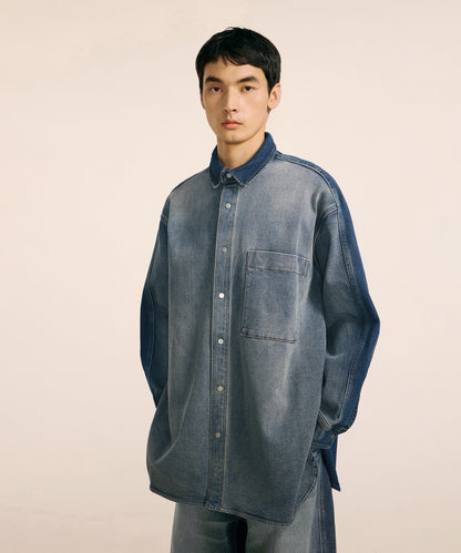 [CROQUIS] Corduroy-trim Denim Shirt