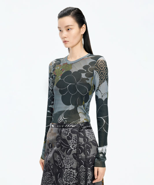 Oriental Print Second-Skin Top