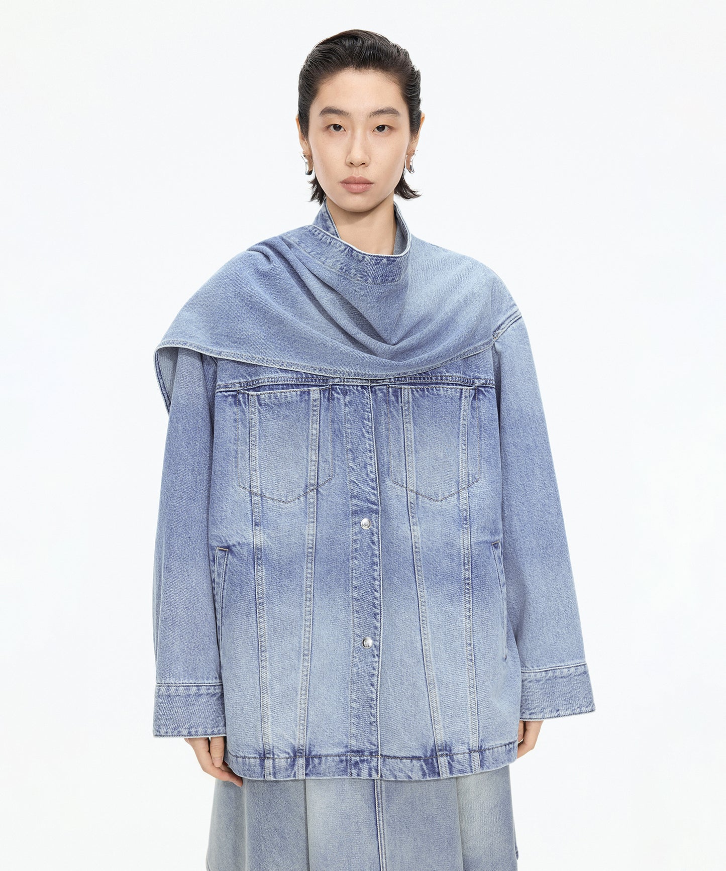 Scarf-Neck Denim Jacket