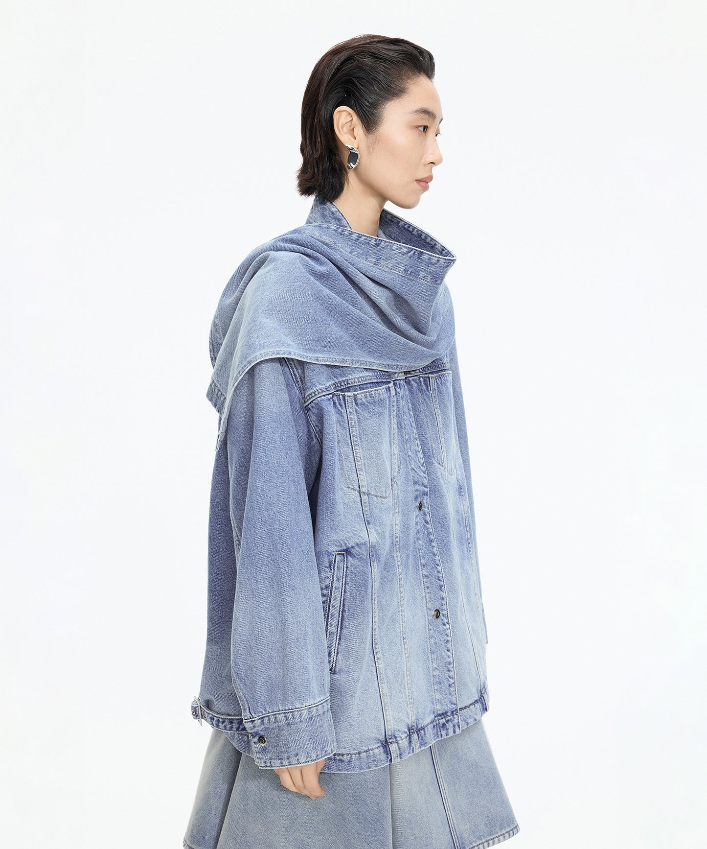 Scarf-Neck Denim Jacket