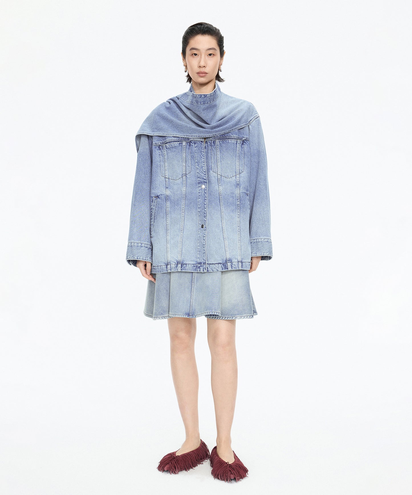 Scarf-Neck Denim Jacket