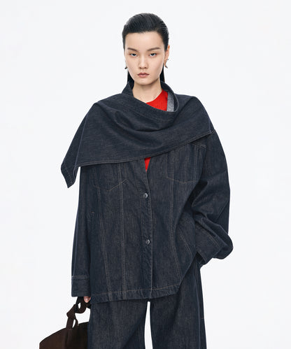 Scarf-Neck Denim Jacket