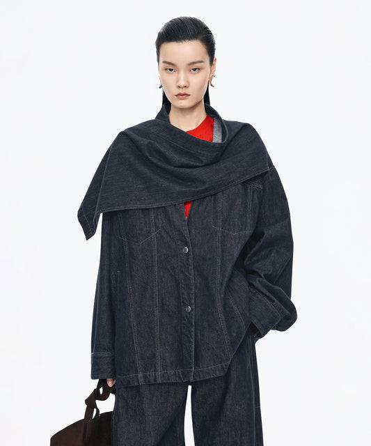 Scarf-Neck Denim Jacket