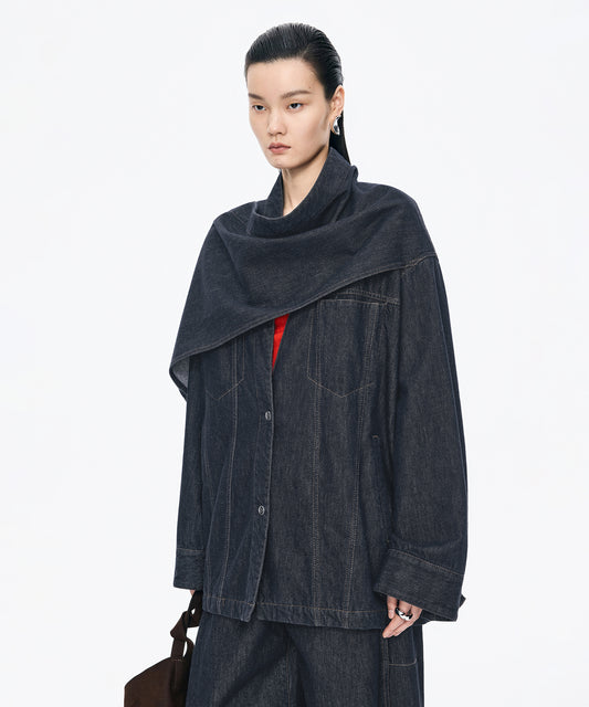 Scarf-Neck Denim Jacket