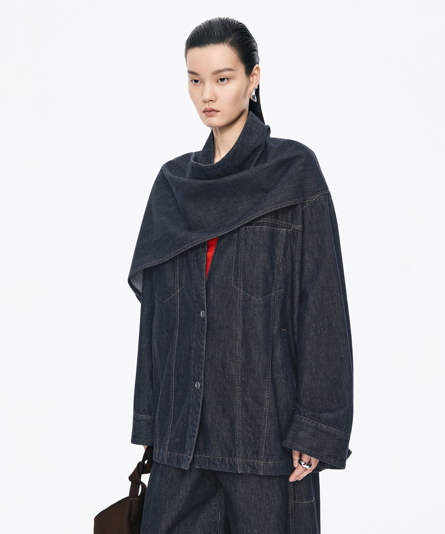 Scarf-Neck Denim Jacket