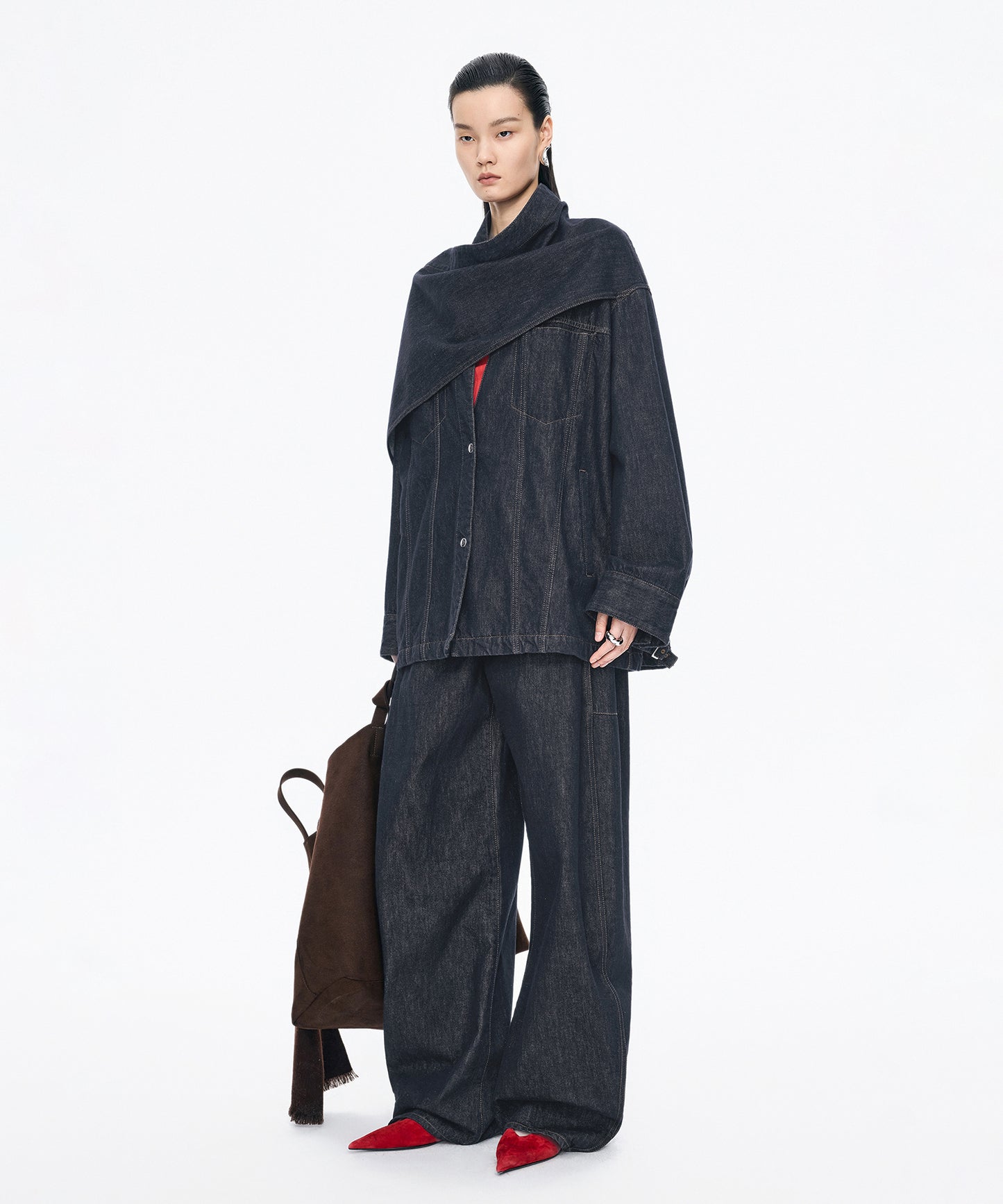 Scarf-Neck Denim Jacket
