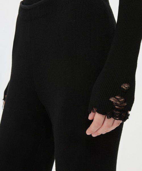 Distressed Ribbed-knit  Flared-leg Trousers