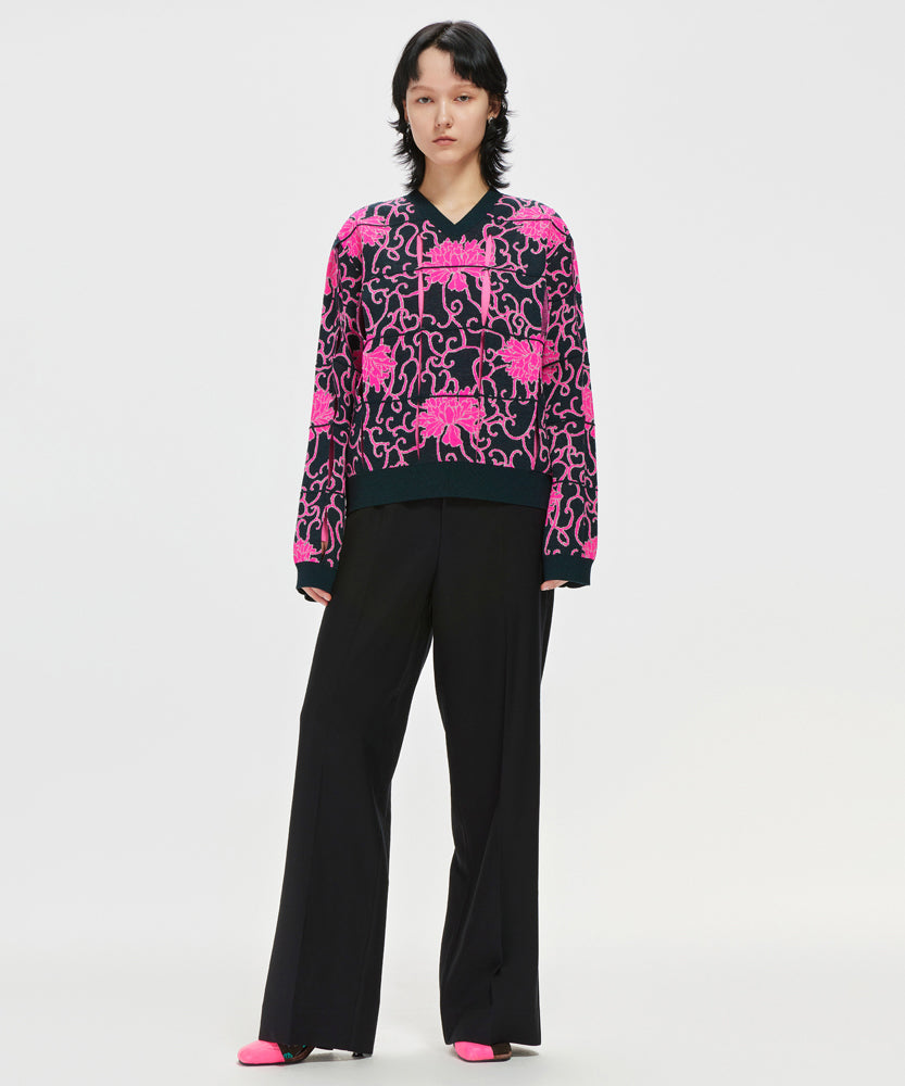 Cut-out Oriental-pattern Jacquard Sweater