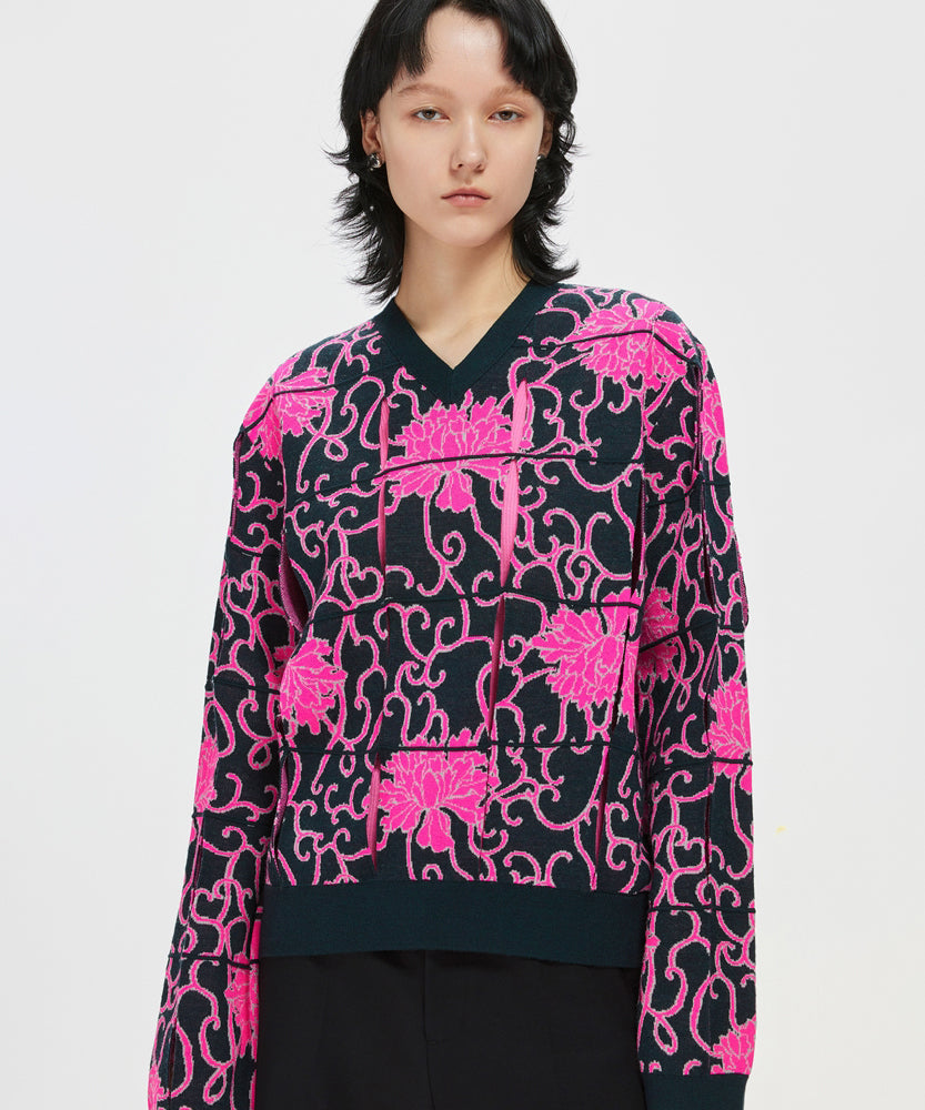 Cut-out Oriental-pattern Jacquard Sweater