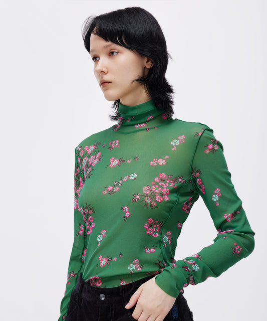 Scattered Oriental Floral-pattern Second Skin Top