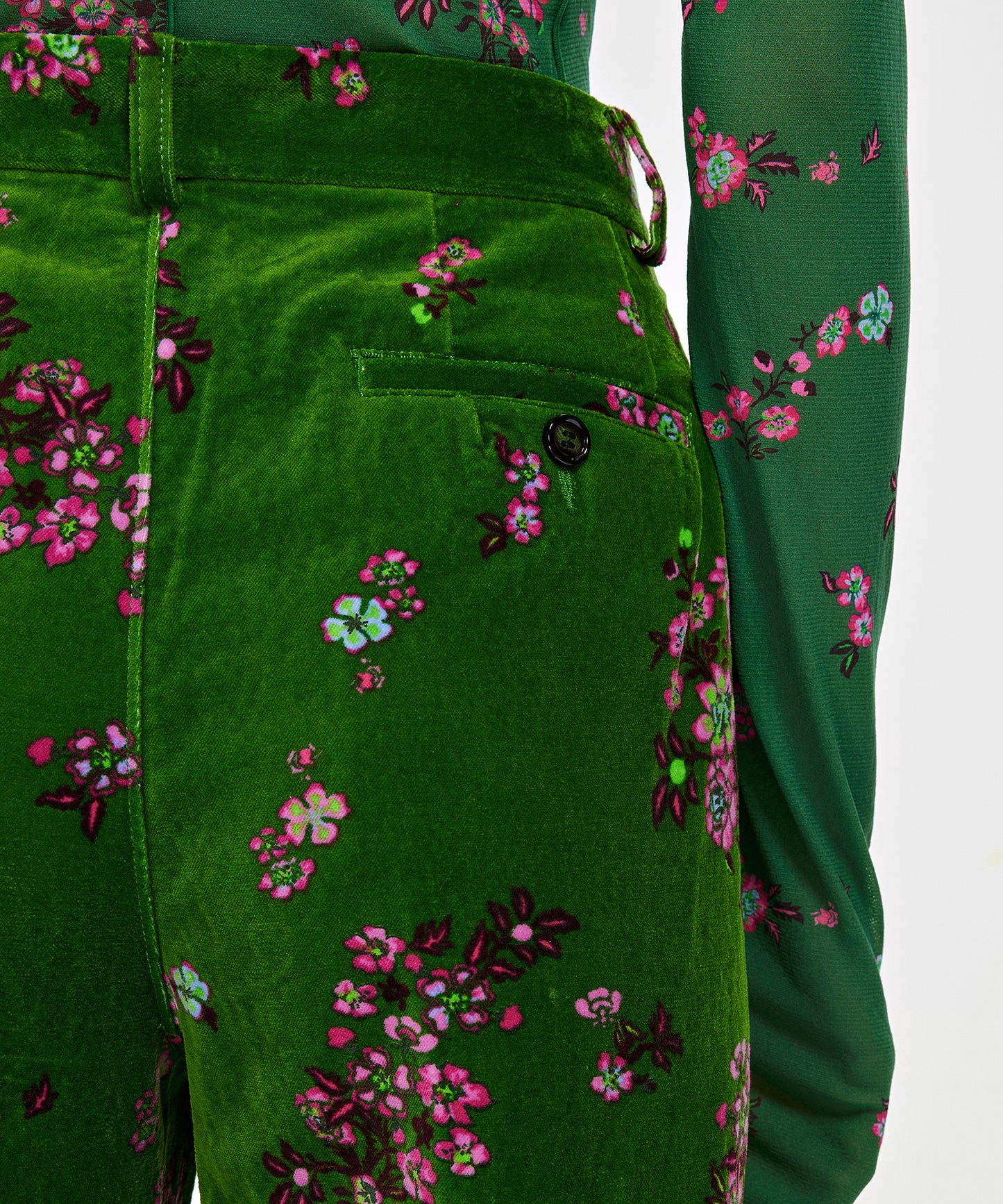 Scattered Oriental Floral-pattern Velveteen Trousers