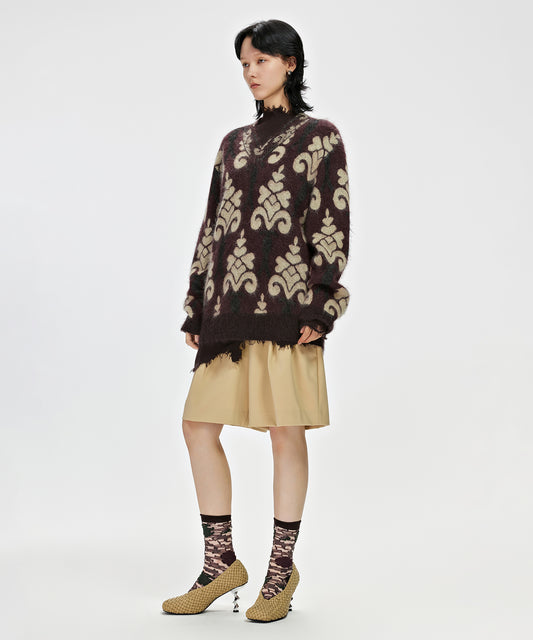 V-neck Oriental Grape-jacquard Wool-blend Sweater