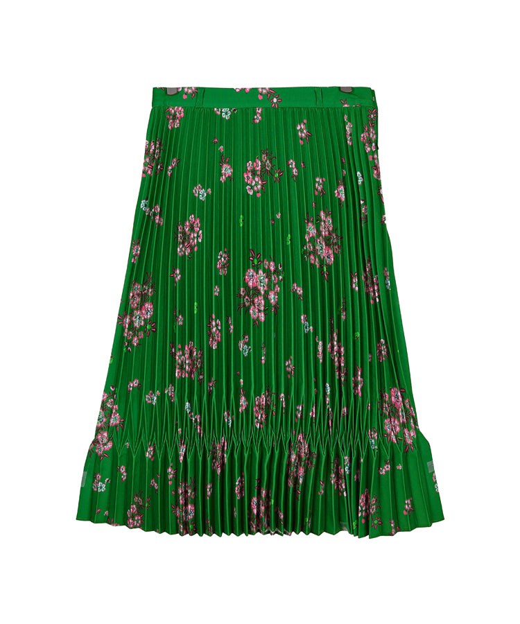 Scattered Oriental Floral-pattern Pleated Polyester Midi Skirt