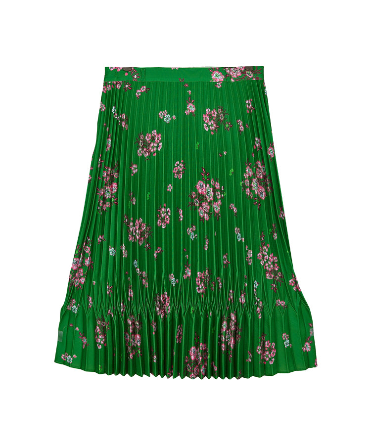 Scattered Oriental Floral-pattern Pleated Polyester Midi Skirt