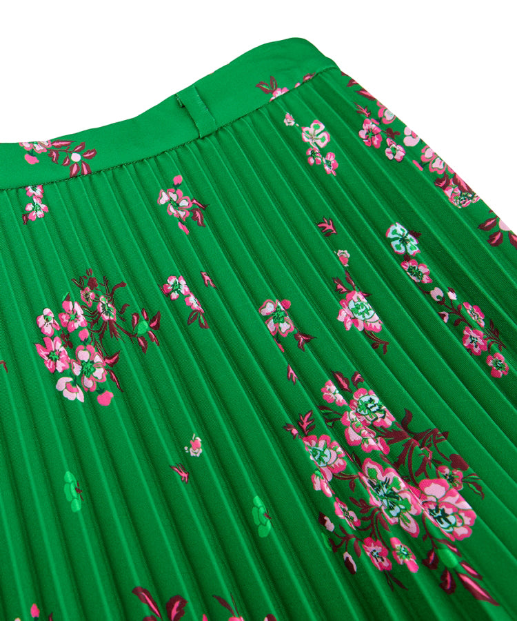 Scattered Oriental Floral-pattern Pleated Polyester Midi Skirt