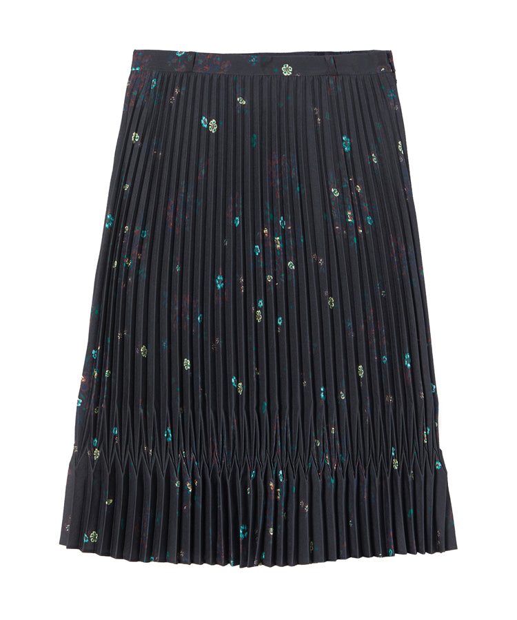 Scattered Oriental Floral-pattern Pleated Polyester Midi Skirt