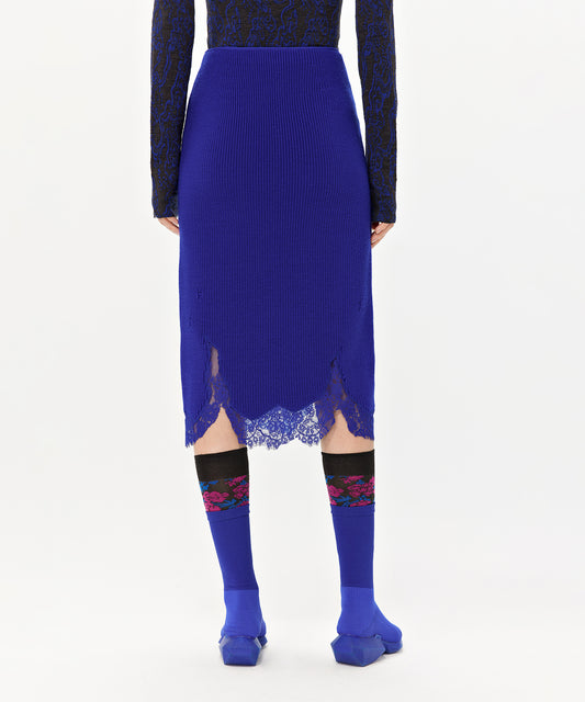 Feminine Lace-stitched Ribbed-knit Wool-blend Skirt