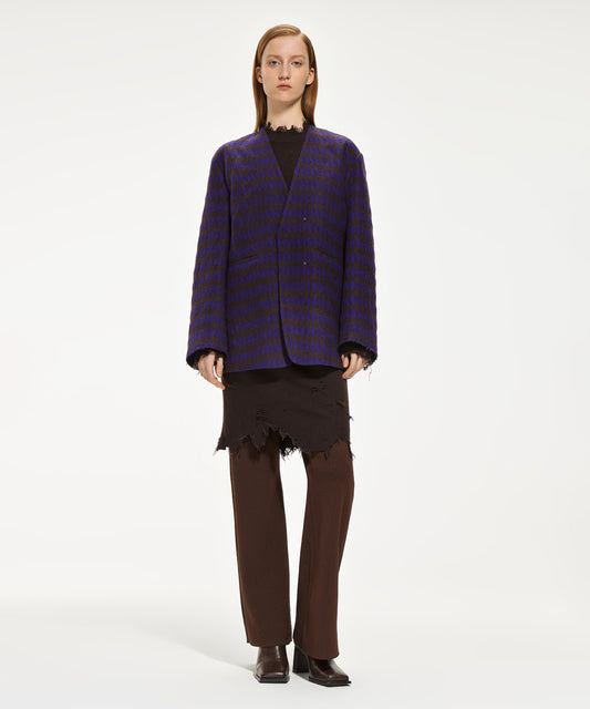 Vague Diamond-patten V-neck Wool-blend Jacket