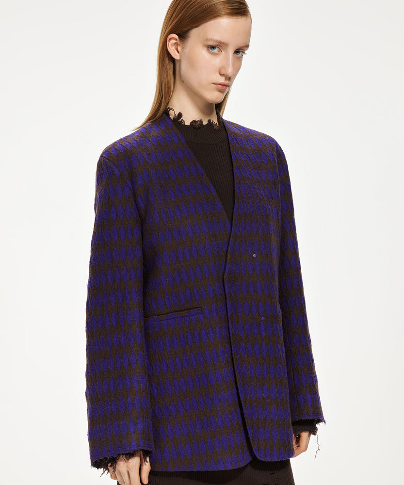 Vague Diamond-patten V-neck Wool-blend Jacket