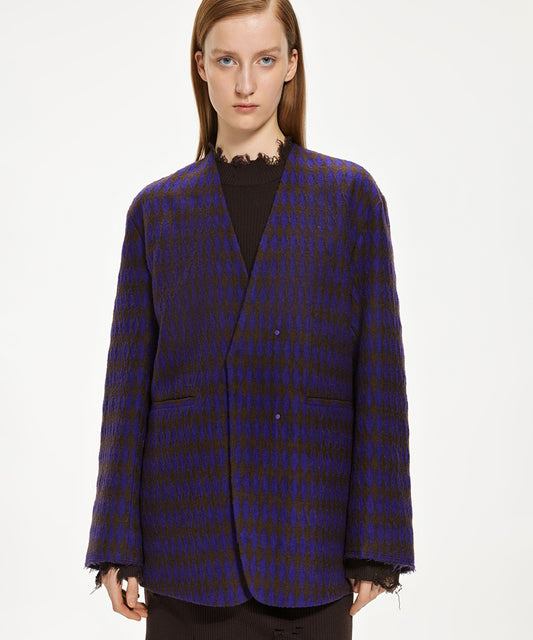 Vague Diamond-patten V-neck Wool-blend Jacket