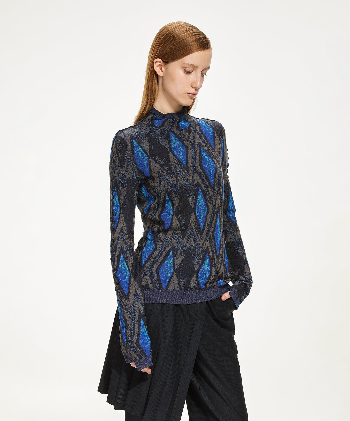 Enlarge Diamond-pattern Cotton-blend High-neck Sweater
