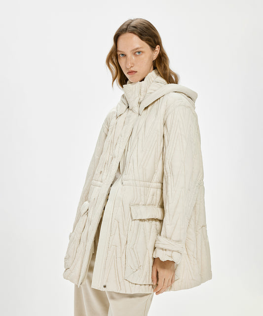 Diamond-quilted Hooded Nylon Down Coat