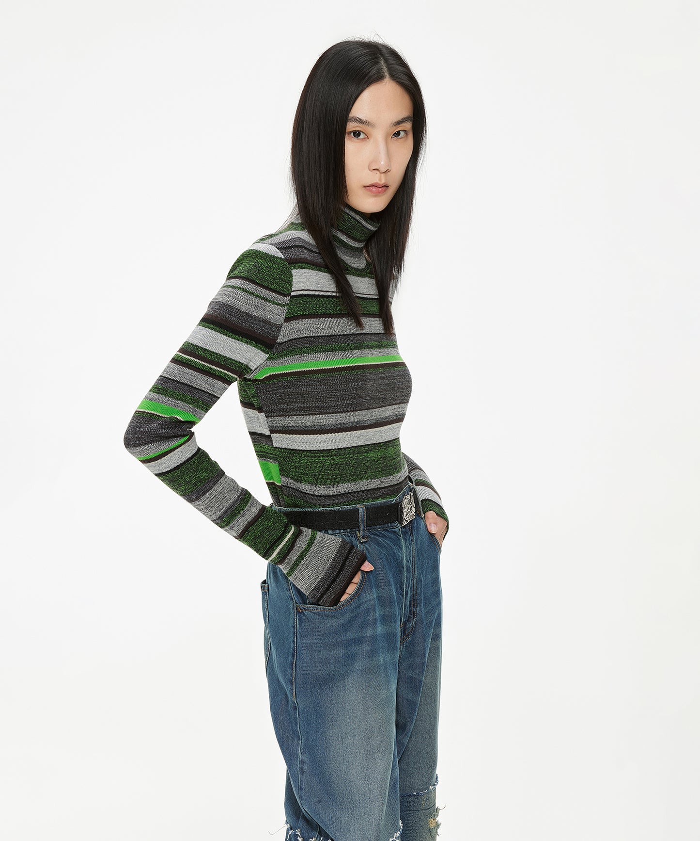 Multi-color Striped Wool-blend Roll-neck Sweater
