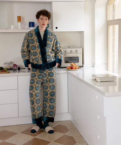 HOME Botanical-pattern Kimono-style Polyester-fleece Robe