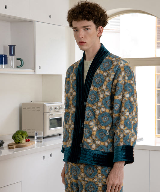 HOME Botanical-pattern Kimono-style Polyester-fleece Robe