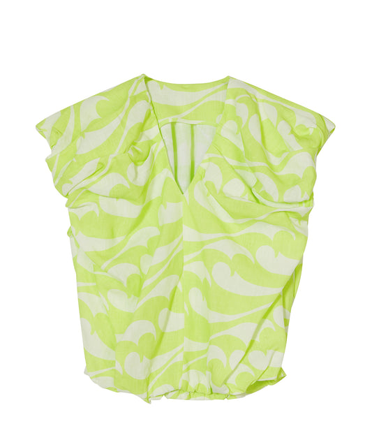 Gathered Sea Wave-print Linen Top