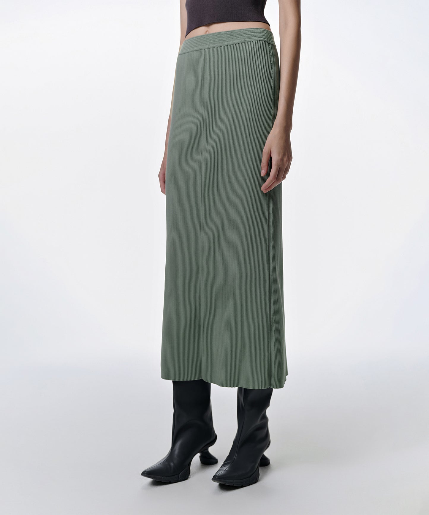 Ribbed-knit Polyester Midi Skirt