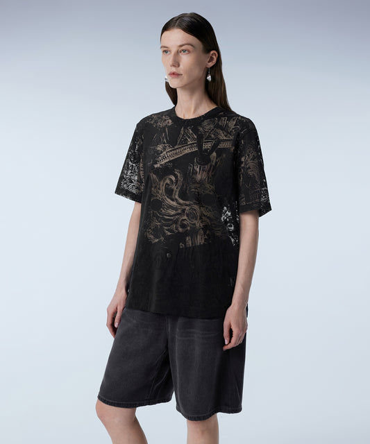 Flocked-print Abstract Jewelry-motif Sheer T-shirt